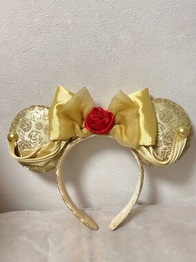 Disneyland Gold Satin Mouse Ear Headband with Red Rose Accent